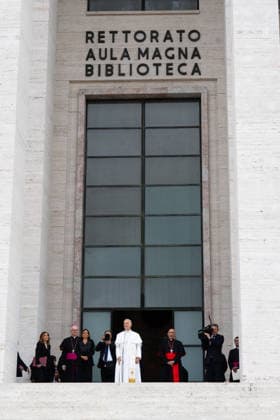 Pope Leo XIV Visits Sapienza University of Rome - Rome His Holiness Pope Leo XIV, accompanied by Archbishop Petar Rajic, the new Prefect of the Papal Household, is welcomed by Rector Antonella Polimeni for his pastoral visit to La Sapienza University of Rome. He will be in Rome on May 14, 2026. Photo by Andrea Bracaglia ABACAPRESS.COM Rome Italy Italy  Copyright: xBracagliaxAndrea ABACAx