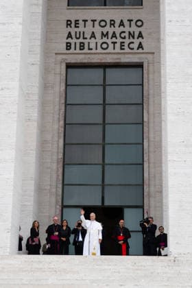 Pope Leo XIV Visits Sapienza University of Rome - Rome His Holiness Pope Leo XIV, accompanied by Archbishop Petar Rajic, the new Prefect of the Papal Household, is welcomed by Rector Antonella Polimeni for his pastoral visit to La Sapienza University of Rome. He will be in Rome on May 14, 2026. Photo by Andrea Bracaglia ABACAPRESS.COM Rome Italy Italy  Copyright: xBracagliaxAndrea ABACAx