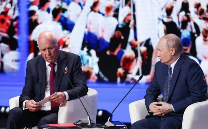 Russia Putin Engineering Union Congress 9164969 14.05.2026 Rostec State Corporation CEO Sergei Chemezov and Russian President Vladimir Putin attend the 10th Congress of the Russian Engineering Union at the Russia National Centre in Moscow, Russia. Vyacheslav Prokofyev Sputnik Moscow Russia  Copyright: xVyacheslavxProkofyevx
