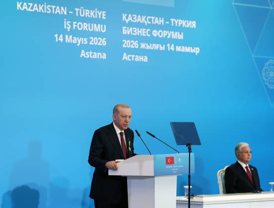 Closing Session of the Turkiye-Kazakhstan Business Forum ASTANA, KAZAKHSTAN - MAY 14: (----EDITORIAL USE ONLY - MANDATORY CREDIT - TURKISH PRESIDENCY MURAT KULA HANDOUT - NO MARKETING NO ADVERTISING CAMPAIGNS - DISTRIBUTED AS A SERVICE TO CLIENTS----)Turkish President Recep Tayyip Erdogan (L) and Kazakh President Kassym-Jomart Tokayev (R) hold a joint press conference following the Closing Session of the Turkiye-Kazakhstan Business Forum in Astana, Kazakhstan on May 14, 2026. Turkish Presidency Murat Kula Handout Anadolu Astana Kazakhstan. Editorial use only. Please get in touch for any other usage.  Copyright: x2026xAnadoluxTurkishxPresidencyx xMuratxKulax xHandoutx