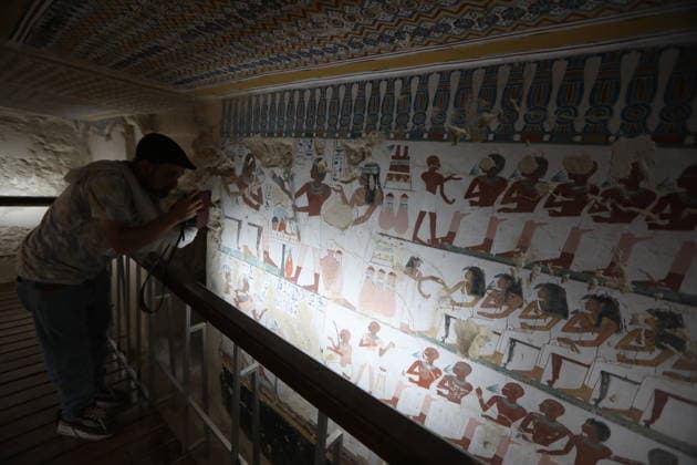 Historical tombs from Egypt’s new kingdom era opened to visitors in Luxor LUXOR, EGYPT - MAY 14: Visitors tour the historic tombs of Amenhotep Rabuya (TT416) and his son Samut (TT417), reopened after years of excavation and restoration work in the El-Khokha area of Luxor, Egypt on May 14, 2026. The tombs, discovered during excavations carried out in 2015 and dating back to the 18th Dynasty of the New Kingdom period, feature wall depictions reflecting daily life and burial rituals of the era. Fareed Kotb Anadolu Luxor Egypt. Editorial use only. Please get in touch for any other usage.  Copyright: x2026xAnadoluxFareedxKotbx