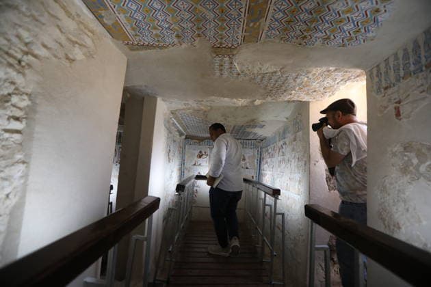 Historical tombs from Egypt’s new kingdom era opened to visitors in Luxor LUXOR, EGYPT - MAY 14: Visitors tour the historic tombs of Amenhotep Rabuya (TT416) and his son Samut (TT417), reopened after years of excavation and restoration work in the El-Khokha area of Luxor, Egypt on May 14, 2026. The tombs, discovered during excavations carried out in 2015 and dating back to the 18th Dynasty of the New Kingdom period, feature wall depictions reflecting daily life and burial rituals of the era. Fareed Kotb Anadolu Luxor Egypt. Editorial use only. Please get in touch for any other usage.  Copyright: x2026xAnadoluxFareedxKotbx