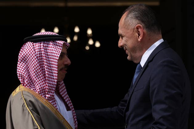 Saudi Arabian Foreign Minister Prince Faisal bin Farhan Al Saud in Athens ATHENS, GREECE - MAY 14: Greek Foreign Minister George Gerapetritis welcomes Saudi Arabian Foreign Minister Prince Faisal bin Farhan Al Saud at the Foreign Ministry in Athens, Greece, on May 14, 2026. Costas Baltas Anadolu Athens Greece. Editorial use only. Please get in touch for any other usage.  Copyright: x2026xAnadoluxCostasxBaltasx