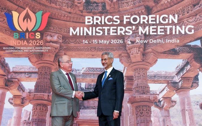 BRICS Foreign Ministers Meeting New Delhi, May 14 (ANI): External Affairs Minister S Jaishankar welcomes Brazil Foreign Minister Mauro Vieira at Bharat Mandapam, in New Delhi on Thursday. NEW DELHI Delhi India Copyright: xANIx ANI_20260514288