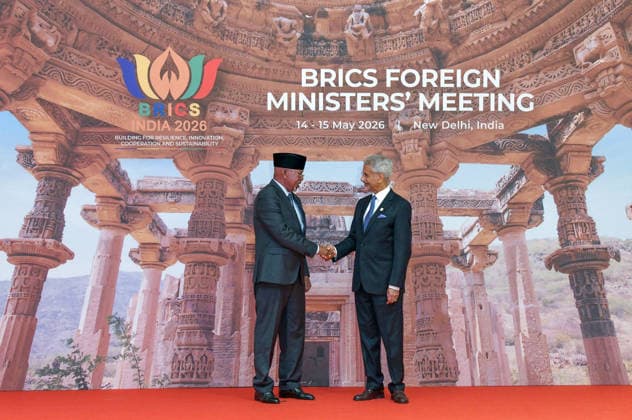 BRICS Foreign Ministers Meeting New Delhi, May 14 (ANI): External Affairs Minister S Jaishankar welcomes Minister of Foreign Affairs, Uganda, Gen. Odongo Jeje Abubakhar at Bharat Mandapam, in New Delhi on Thursday. NEW DELHI Delhi India Copyright: xANIx ANI_20260514293