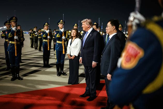 May 14, 2026, Beijing, China: U.S. President Donald Trump, center, stands with Chinese Vice President of China Han Zheng, right, after arriving by Air Force One at Beijing Capital International Airport, May 13, 2026 in Beijing, China. Beijing China - ZUMAp138 20260514_zaa_p138_027 Copyright: xHandout WhitexHousex