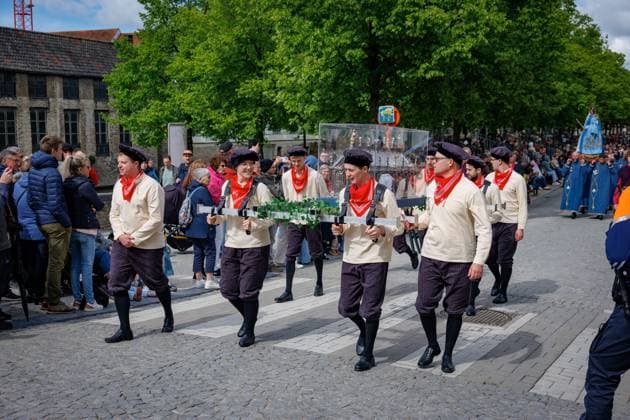 this picture shows the Holy Blood Procession (Heilig Bloedprocessie - Procession Saint-Sang) event, on Thursday 14 May 2026 in Brugge. During the procession, the relic of the Holy blood is carried from the Holy blood basilica to the Holy Saviour cathedral through the city center of Bruges.  KURTxDESPLENTER 173875320
