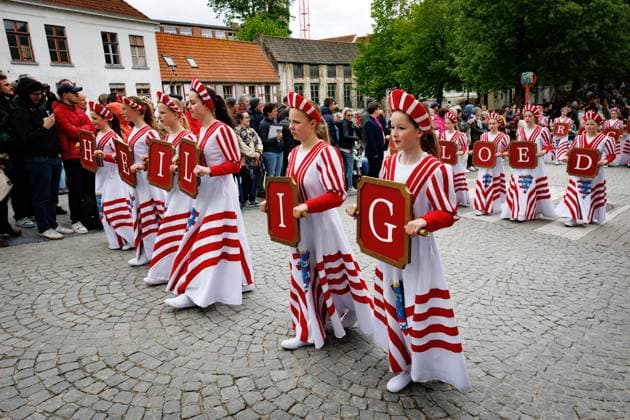 this picture shows the Holy Blood Procession (Heilig Bloedprocessie - Procession Saint-Sang) event, on Thursday 14 May 2026 in Brugge. During the procession, the relic of the Holy blood is carried from the Holy blood basilica to the Holy Saviour cathedral through the city center of Bruges.  KURTxDESPLENTER 173878490
