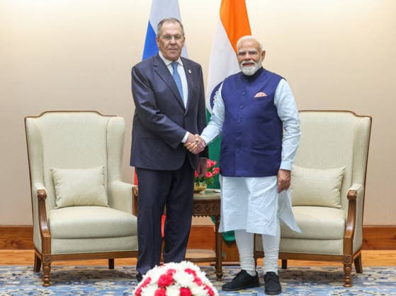 May 14, 2026, New Delhi, India: Indian Prime Minister Narendra Modi, right, shakes hands with Russian Foreign Minister Sergey Lavrov, left, before a bilateral meeting, May 14, 2026 in New Delhi, India. Special & Privileged Strategic Partnership New Delhi India - ZUMAp138 20260514_zaa_p138_035 Copyright: xPrimexMinisterxHandout PressxInfx