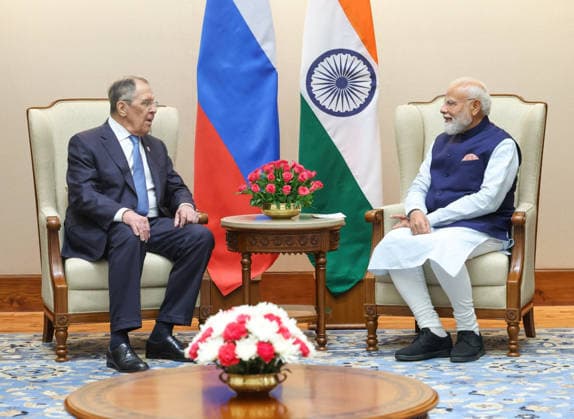 May 14, 2026, New Delhi, India: Indian Prime Minister Narendra Modi, right, listens to Russian Foreign Minister Sergey Lavrov, left, during a bilateral meeting, May 14, 2026 in New Delhi, India. The Prime Minister held the meeting on the sidelines of the BRICS Foreign Ministersâ€⠢ Meeting. New Delhi India - ZUMAp138 20260514_zaa_p138_036 Copyright: xPrimexMinisterxHandout PressxInfx