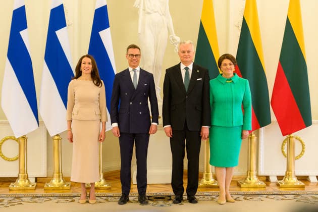 May 14, 2026, Vilnius, Lithuania: President of Finland Alexander Stubb, first lady Suzanne Innes-Stubb, Lithuanian President Gitanas Nauseda and First Lady Diana Nausediene are seen during their meeting at the Presidential Palace. President of Finland arrived in Lithuania on May 14 for a two-day state visit. In Vilnius, he met with Lithuanian President Gitanas Nauseda, after which the two leaders addressed the media at a press conference. Vilnius Lithuania  - ZUMAs197 20260514_aaa_s197_069 Copyright: xYauhenxYerchakx