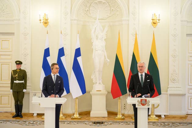 May 14, 2026, Vilnius, Lithuania: President of Finland Alexander Stubb and Lithuanian President Gitanas Nauseda are seen during a joint press conference at the Presidential Palace. President of Finland arrived in Lithuania on May 14 for a two-day state visit. In Vilnius, he met with Lithuanian President Gitanas Nauseda, after which the two leaders addressed the media at a press conference. Vilnius Lithuania - ZUMAs197 20260514_aaa_s197_075 Copyright: xYauhenxYerchakx