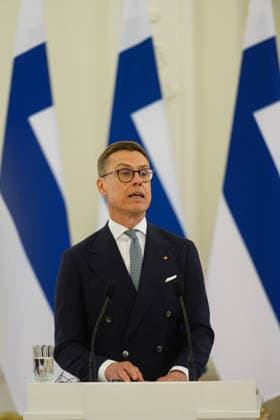 May 14, 2026, Vilnius, Lithuania: President of Finland Alexander Stubb speaks during a joint press conference with Lithuanian President Gitanas Nauseda (not in view) at the Presidential Palace. President of Finland arrived in Lithuania on May 14 for a two-day state visit. In Vilnius, he met with Lithuanian President Gitanas Nauseda, after which the two leaders addressed the media at a press conference. Vilnius Lithuania - ZUMAs197 20260514_aaa_s197_059 Copyright: xYauhenxYerchakx