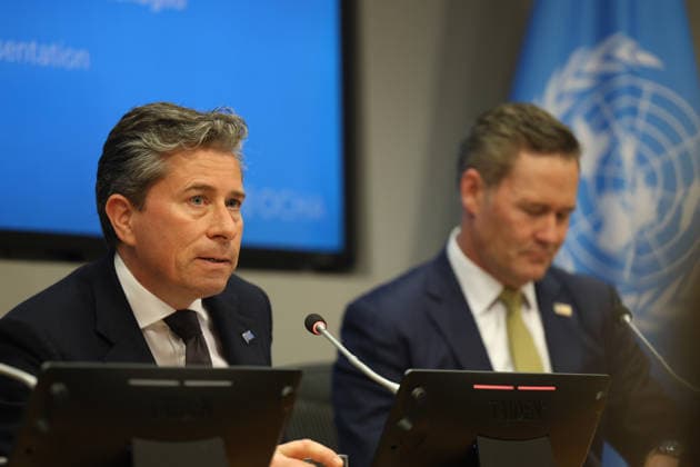 May 14, 2026, New York, New York, USA: TOM FLETCHER, Under-Secretary-General for Humanitarian Affairs and Emergency Relief Coordinator briefs the press as MIKE WALTZ, U.S. Representative to the United Nations sits next to him, on U.S. humanitarian funding adjustments, aid efficiency, and efforts to prioritize resources for areas of greatest need at UNHQ. New York USA - ZUMAo116 20260514_znp_o116_006 Copyright: xBiancaxOterox