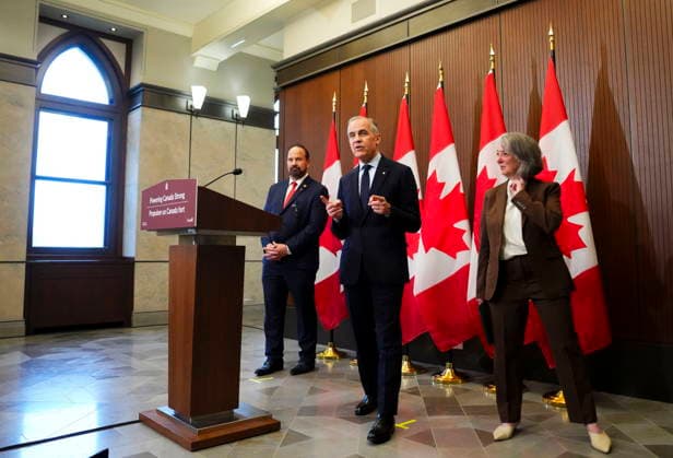 May 14, 2026, Ottawa, On, Canada: Prime Minister Mark Carney leaves after making an announcement alongside Minister of Environment and Climate Change Julie Dabrusin, right, and Russ Shewchuk International Vice-President for International Brotherhood of Electrical Workers (IBEW) First District, left, on Parliament Hill in Ottawa on Thursday, May 14, 2026. Ottawa Canada  - ZUMAc35_ 20260514_zaf_c35_007 Copyright: xSeanxKilpatrickx
