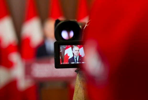 May 14, 2026, Ottawa, On, Canada: Prime Minister Mark Carney is seen on a TV camera screen as he makes an announcement on Parliament Hill in Ottawa on Thursday, May 14, 2026. Ottawa Canada  - ZUMAc35_ 20260514_zaf_c35_018 Copyright: xSeanxKilpatrickx