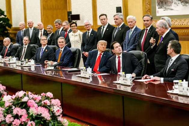 US President Donald Trump attends a discussion to enhance economic cooperation between countries, including expanding market access for American businesses into China and increasing Chinese investment on Thursday on May 14, 2026. Leaders from many of the United States largest companies joined a portion of the meeting.  CHN2026051407 ThexWhitexHouse