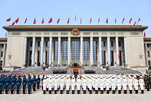 Chinese President Xi Jinping holds a welcome ceremony for U.S. President Donald Trump, who is on a state visit to China, outside the Great Hall of the People prior to their talks in Beijing, capital of China, on Thursday on May 14, 2026.  CHN202605061413 ChinesexForeignxMinistry