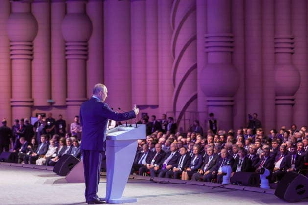 RUSSIA, MOSCOW - MAY 14, 2026: Russia s President Vladimir Putin addresses the 10th Congress of the Russian Engineering Union at the Russia National Centre. Mikhail Metzel Russian Presidential Press and Information Office TASS  92460637