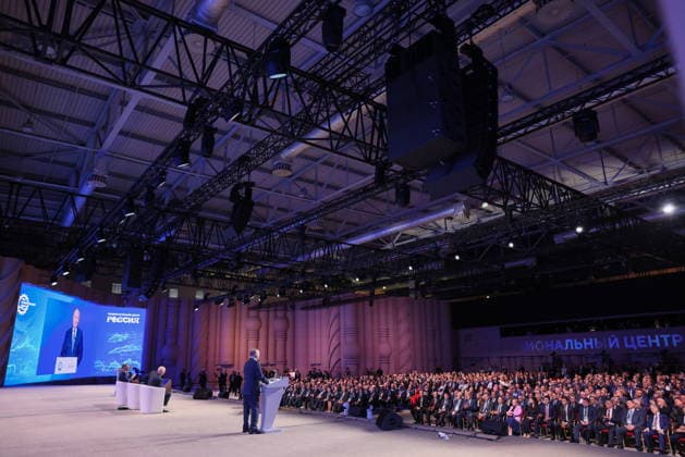 RUSSIA, MOSCOW - MAY 14, 2026: Russia s President Vladimir Putin addresses the 10th Congress of the Russian Engineering Union at the Russia National Centre. Mikhail Metzel Russian Presidential Press and Information Office TASS  92460639