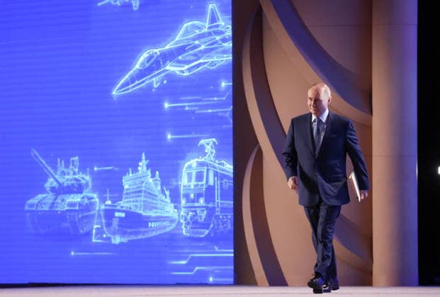 RUSSIA, MOSCOW - MAY 14, 2026: Russia s President Vladimir Putin addresses the 10th Congress of the Russian Engineering Union at the Russia National Centre. Vyacheslav Prokofyev Russian Presidential Press and Information Office TASS  92460677