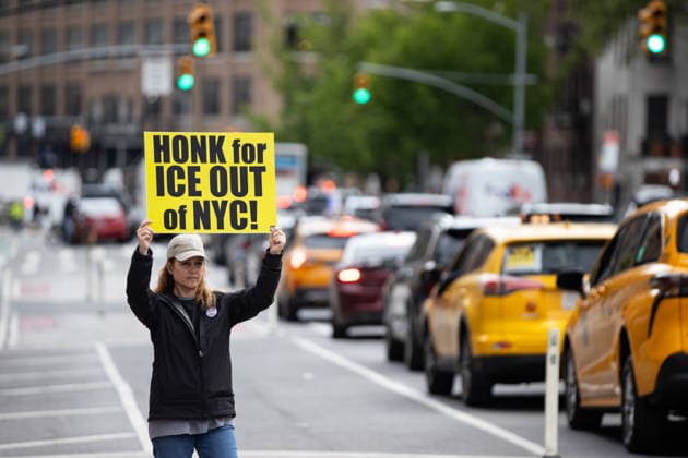 Protest against ICE held in New York City NEW YORK, UNITED STATES - MAY 14: A woman holds a banner as people holding banners and signs take part in a rally and protest outside a Metropolis Garage, in Manhattan demanding that the company stop collaborating with ICE and the Department of Homeland Security by allowing their vehicles to be parked in its garage, in New York City, New York, U.S., May 14, 2026. Mostafa Bassim Anadolu New York United States. Editorial use only. Please get in touch for any other usage.  Copyright: x2026xAnadoluxMostafaxBassimx