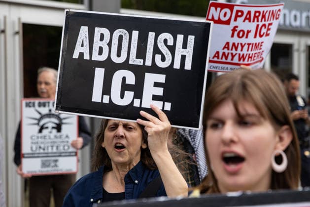 Protest against ICE held in New York City NEW YORK, UNITED STATES - MAY 14: A woman holds a banner as people holding banners and signs take part in a rally and protest outside a Metropolis Garage, in Manhattan demanding that the company stop collaborating with ICE and the Department of Homeland Security by allowing their vehicles to be parked in its garage, in New York City, New York, U.S., May 14, 2026. Mostafa Bassim Anadolu New York United States. Editorial use only. Please get in touch for any other usage.  Copyright: x2026xAnadoluxMostafaxBassimx