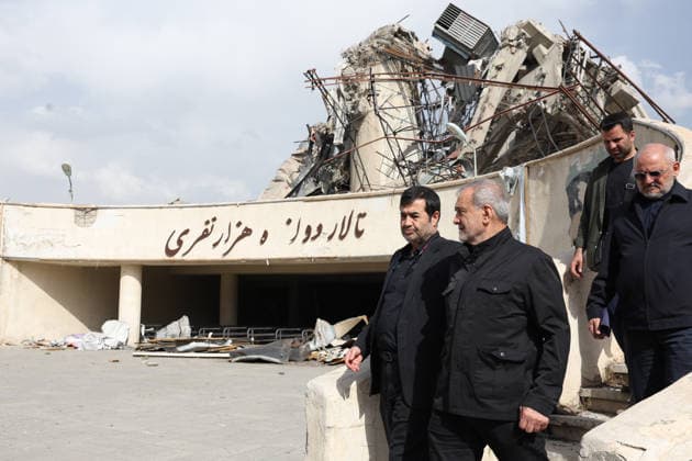 May 13, 2026, Tehran, Iran: Iranian President MASOUD PEZESHKIAN and Minister of Sport and Youth AHMAD DONYAMALI visit a heavily damaged building at Azadi Indoor Stadium following a strike in western Tehran. The United States and Israel started striking Iran on February 28, killing Iran s supreme leader and top military leaders, and prompting authorities to retaliate with strikes on Israel and across the Gulf. Iran s chief negotiator said on May 12 that Washington must accept Tehran s latest peace plan or face failure, after US President Donald Trump warned the truce in the Middle East war was on the brink of collapse. Tehran Iran - ZUMAi98_ 20260513_zih_i98_278 Copyright: xIranianxPresidencyx