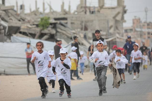 Marathon for Palestinian orphaned children on the 78th anniversary of the Nakba GAZA CITY, GAZA, PALESTINE - MAY 15: 100 Palestinian orphaned children take part in a marathon on the 78th anniversary of the Nakba in Gaza Strip, Palestine on May 15, 2026. Abdalhkem Abu Riash Anadolu Gaza City Gaza. Editorial use only. Please get in touch for any other usage.  Copyright: x2026xAnadoluxAbdalhkemxAbuxRiashx