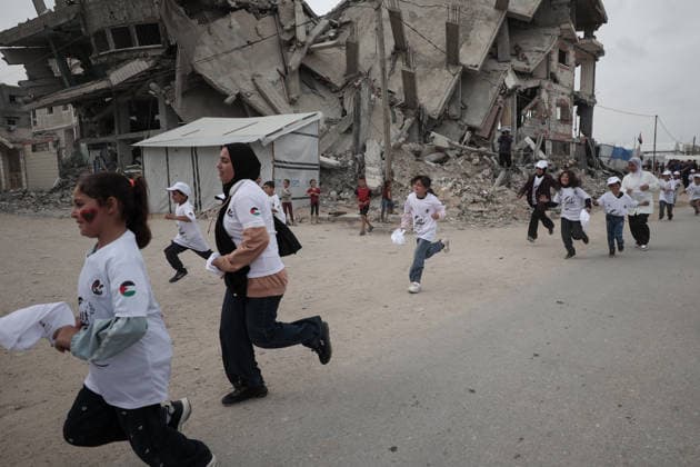 Marathon for Palestinian orphaned children on the 78th anniversary of the Nakba GAZA CITY, GAZA, PALESTINE - MAY 15: 100 Palestinian orphaned children take part in a marathon on the 78th anniversary of the Nakba in Gaza Strip, Palestine on May 15, 2026. Abdalhkem Abu Riash Anadolu Gaza City Gaza. Editorial use only. Please get in touch for any other usage.  Copyright: x2026xAnadoluxAbdalhkemxAbuxRiashx