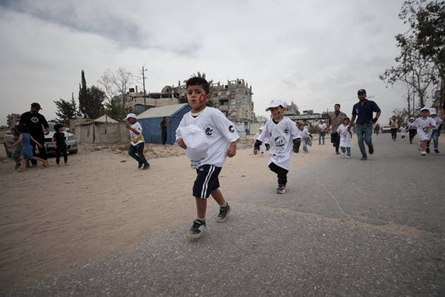 Marathon for Palestinian orphaned children on the 78th anniversary of the Nakba GAZA CITY, GAZA, PALESTINE - MAY 15: 100 Palestinian orphaned children take part in a marathon on the 78th anniversary of the Nakba in Gaza Strip, Palestine on May 15, 2026. Abdalhkem Abu Riash Anadolu Gaza City Gaza. Editorial use only. Please get in touch for any other usage.  Copyright: x2026xAnadoluxAbdalhkemxAbuxRiashx