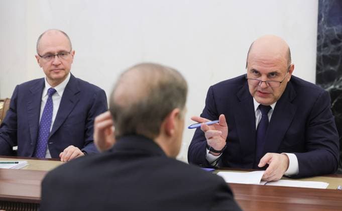 Russia Putin Economy 9165977 15.05.2026 Russian Prime Minister Mikhail Mishustin and First Deputy Chief of Staff of the Presidential Executive Office Sergei Kiriyenko wait before a meeting on economic issues held by President Vladimir Putin at the Kremlin in Moscow, Russia. Mikhail Metzel Sputnik Moscow Russia  Copyright: xMikhailxMetzelx