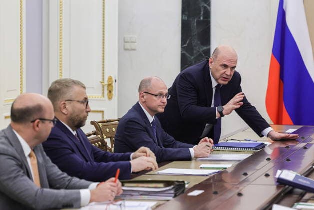 RUSSIA, MOSCOW - MAY 15, 2026: Russia s Prime Minister Mikhail Mishustin (R) attends a meeting on economic issues at Moscow s Kremlin. Mikhail Metzel Russian Presidential Press and Information Office TASS  92505831