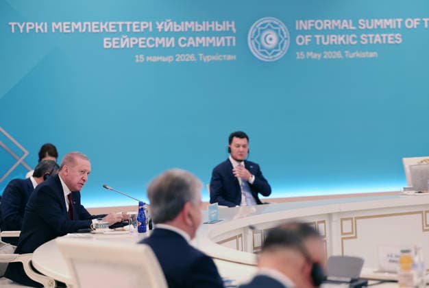 Informal Summit of the Organization of Turkic States in Kazakhstan TURKISTAN, KAZAKHSTAN - MAY 15: (----EDITORIAL USE ONLY - MANDATORY CREDIT - TURKISH PRESIDENCY HANDOUT - NO MARKETING NO ADVERTISING CAMPAIGNS - DISTRIBUTED AS A SERVICE TO CLIENTS----) Turkish President Recep Tayyip Erdogan attends the Informal Summit of the Organization of Turkic States (OTS) at the Turkistan Congress Center in Turkistan, Kazakhstan on May 15, 2026. Turkish Presidency Anadolu Turkistan Kazakhstan. Editorial use only. Please get in touch for any other usage.  Copyright: x2026xAnadoluxTurkishxPresidencyx