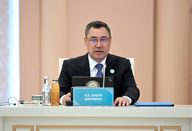 Informal Summit of the Organization of Turkic States in Turkistan TURKISTAN, KAZAKHSTAN - MAY 15: (----EDITORIAL USE ONLY - MANDATORY CREDIT - PRESIDENCY OF KYRGYRZSTAN HANDOUT - NO MARKETING NO ADVERTISING CAMPAIGNS - DISTRIBUTED AS A SERVICE TO CLIENTS----) Kyrgyz President Sadyr Japarov delivers a speech during the Informal Summit of the Organization of Turkic States (OTS) at the Turkistan Congress Center in Turkistan, Kazakhstan on May 15, 2026. Presidency of Kyrgyzstan Handout Anadolu Turkistan Kazakhstan. Editorial use only. Please get in touch for any other usage.  Copyright: x2026xAnadoluxPresidencyxofxKyrgyzstanx xHandoutx