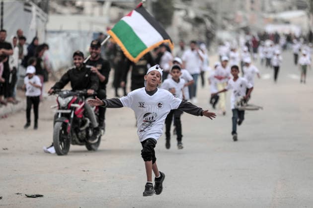 Marathon For Palestinian Orphaned Children On The 78th Anniversary Of The Nakba Palestinian children participate in a marathon marking the 78th anniversary of the Nakba in Gaza City, on May 15, 2026. Gaza Palestine  Copyright: xMajdixFathix originalFilename: fathi-notitle260515_np9wz.jpg