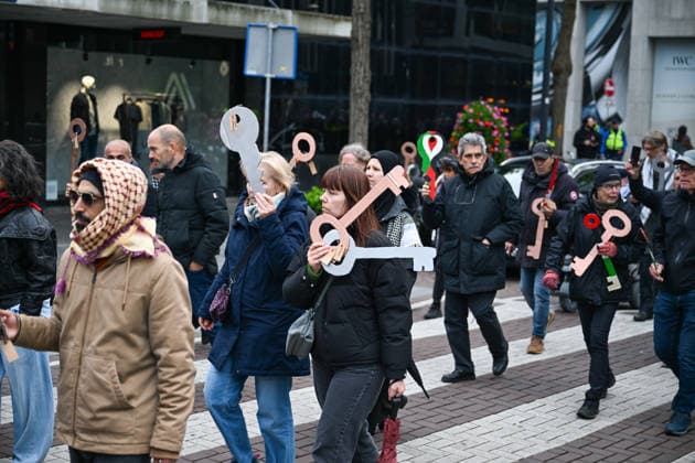 Demonstration in Rotterdam on Nakba Day ROTTERDAM, NETHERLANDS - MAY 15: Large crowds march through the streets of Rotterdam during a demonstration marking Nakba Day in Netherlands on May 15, 2026. The protest began at Schouwburgplein before moving through the city center in a silent procession. Mouneb Taim Anadolu Rotterdam Netherlands. Editorial use only. Please get in touch for any other usage.  Copyright: x2026xAnadoluxMounebxTaimx