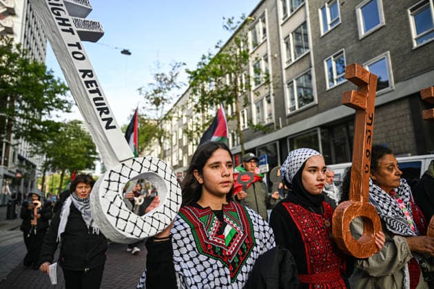 Nakba Day commemoration held in Rotterdam ROTTERDAM, NETHERLANDS - MAY 15: Large crowds march through the streets of Rotterdam during a demonstration marking Nakba Day on May 15, 2026 in Rotterdam, the Netherlands. The march begins at Schouwburgplein before moving through the city center in a silent procession. Mouneb Taim Anadolu Rotterdam Netherlands. Editorial use only. Please get in touch for any other usage.  Copyright: x2026xAnadoluxMounebxTaimx