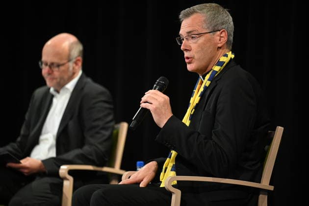 Podiumsdiskussion Synodaler Weg Quo Vadis? mit Irme Stetter-Karp, Praesidentin des Zentralkomitees der deutschen Katholiken (ZdK), und der Vorsitzende der katholischen Deutschen Bischofskonferenz (DBK), Bischof Heiner Wilmer (Foto) auf dem Katholikentag in Wuerzburg (Foto vom 16.05.2026). Bis Sonntag werden beim 104. Deutschen Katholikentag unter dem biblischen Leitwort Hab Mut, steh auf! mehrere zehntausend Teilnehmende zu insgesamt 900 Veranstaltungen erwartet. Das Treffen soll angesichts von Krieg, Klimawandel, sozialer Spaltung sowie Vertrauenskrisen in Politik und Kirche dazu ermutigen, nach Wegen fuer die Zukunft zu suchen. (Siehe epd-Meldung vom 16.05.2026) EDITORIAL USE ONLY