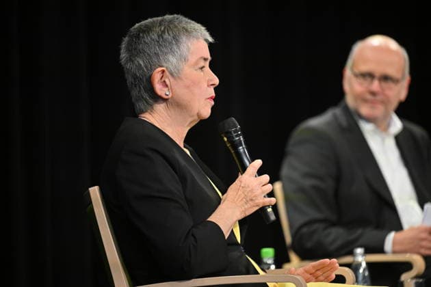 Podiumsdiskussion Synodaler Weg Quo Vadis? mit Irme Stetter-Karp (Foto), Praesidentin des Zentralkomitees der deutschen Katholiken (ZdK), und der Vorsitzende der katholischen Deutschen Bischofskonferenz (DBK), Bischof Heiner Wilmer auf dem Katholikentag in Wuerzburg (Foto vom 16.05.2026). Bis Sonntag werden beim 104. Deutschen Katholikentag unter dem biblischen Leitwort Hab Mut, steh auf! mehrere zehntausend Teilnehmende zu insgesamt 900 Veranstaltungen erwartet. Das Treffen soll angesichts von Krieg, Klimawandel, sozialer Spaltung sowie Vertrauenskrisen in Politik und Kirche dazu ermutigen, nach Wegen fuer die Zukunft zu suchen. (Siehe epd-Meldung vom 16.05.2026) EDITORIAL USE ONLY