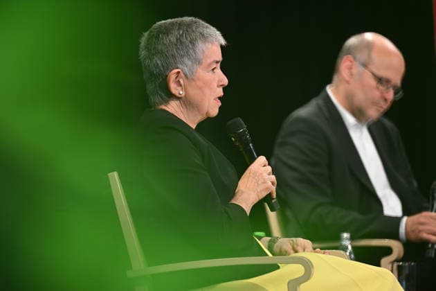 Podiumsdiskussion Synodaler Weg Quo Vadis? mit Irme Stetter-Karp (Foto), Praesidentin des Zentralkomitees der deutschen Katholiken (ZdK), und der Vorsitzende der katholischen Deutschen Bischofskonferenz (DBK), Bischof Heiner Wilmer auf dem Katholikentag in Wuerzburg (Foto vom 16.05.2026). Bis Sonntag werden beim 104. Deutschen Katholikentag unter dem biblischen Leitwort Hab Mut, steh auf! mehrere zehntausend Teilnehmende zu insgesamt 900 Veranstaltungen erwartet. Das Treffen soll angesichts von Krieg, Klimawandel, sozialer Spaltung sowie Vertrauenskrisen in Politik und Kirche dazu ermutigen, nach Wegen fuer die Zukunft zu suchen. (Siehe epd-Meldung vom 16.05.2026) EDITORIAL USE ONLY