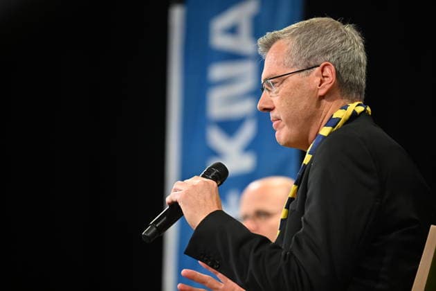 Podiumsdiskussion Synodaler Weg Quo Vadis? mit Irme Stetter-Karp, Praesidentin des Zentralkomitees der deutschen Katholiken (ZdK), und der Vorsitzende der katholischen Deutschen Bischofskonferenz (DBK), Bischof Heiner Wilmer (Foto) auf dem Katholikentag in Wuerzburg (Foto vom 16.05.2026). Bis Sonntag werden beim 104. Deutschen Katholikentag unter dem biblischen Leitwort Hab Mut, steh auf! mehrere zehntausend Teilnehmende zu insgesamt 900 Veranstaltungen erwartet. Das Treffen soll angesichts von Krieg, Klimawandel, sozialer Spaltung sowie Vertrauenskrisen in Politik und Kirche dazu ermutigen, nach Wegen fuer die Zukunft zu suchen. (Siehe epd-Meldung vom 16.05.2026) EDITORIAL USE ONLY