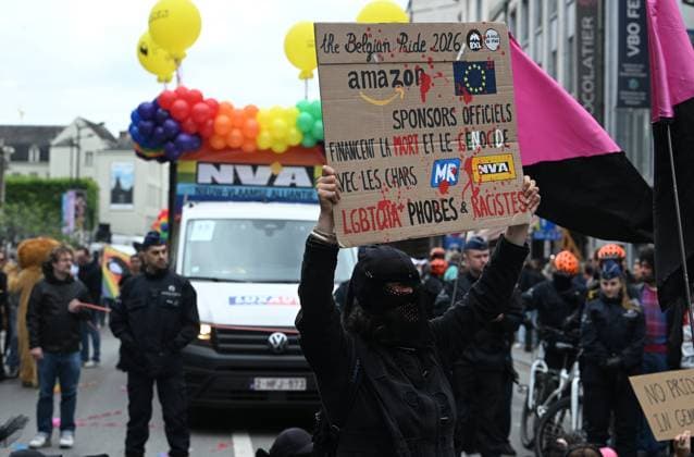 Brussels Pride Celebrates 30 Years BRUSSELS, BELGIUM - MAY 16: Protesters against the partiscipation of NV-A and MR to the Pride have to oppose the Police. The Pride march walks through the streets of the capital.This year marks the 30th anniversary of Pride in Brussels. Thirty years of struggle, pride and visibility for the LGBTQIA+ community. The theme chosen for 2026 reflects the challenges of a world in turmoil: When Times Get Darker, We Shine Brighter. A powerful and unifying message, more necessary than ever in a troubled international context where the rights of the LGBTQIA+ community are under constant threat.on May 16, 2026 in Brussels, Belgium, 16 05 2026 Brussels Belgium  Copyright: xBertxVanxDenxBrouckex