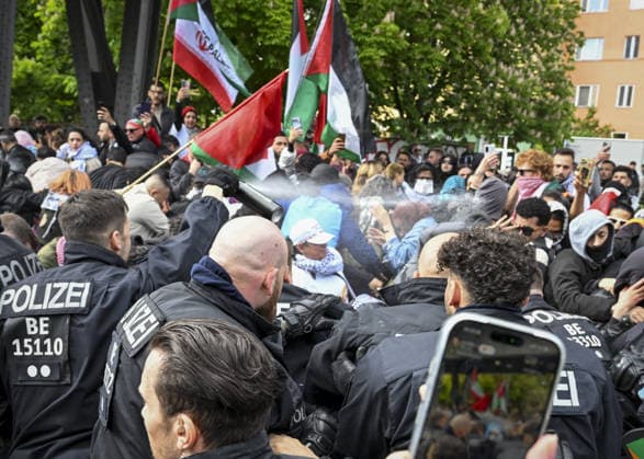 Nakba Day march in Berlin BERLIN, GERMANY - MAY 16: Police use pepper spray and detain several people during a solidarity march with Palestinians in Germany s capital, Berlin, held to mark the 78th anniversary of the Nakba, on May 16, 2026. Thousands gathered at Oranienplatz in the Kreuzberg district before marching toward the Sudstern subway station in the Neukolln district. Police, taking extensive security measures, halted the march near the Prinzenstrasse subway station and clamped down on the demonstration. During the ensuing scuffle, police deployed pepper spray against the demonstrators, leaving numerous protesters affected by the gas. Halil Sagirkaya Anadolu Berlin Germany. Editorial use only. Please get in touch for any other usa  Copyright: x2026xAnadoluxHalilxSagirkayax
