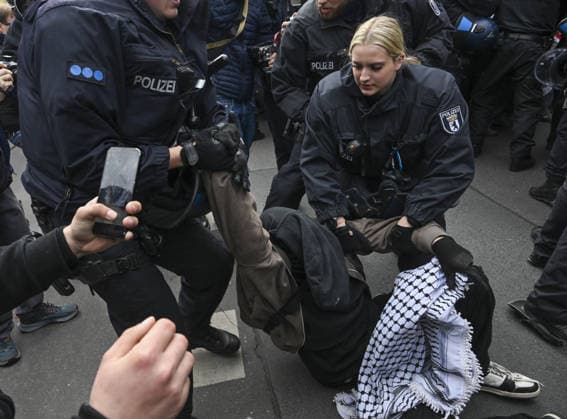 Nakba Day march in Berlin BERLIN, GERMANY - MAY 16: Police detain several people during a solidarity march with Palestinians in Germany s capital, Berlin, held to mark the 78th anniversary of the Nakba, on May 16, 2026. Thousands gathered at Oranienplatz in the Kreuzberg district before marching toward the Sudstern subway station in the Neukolln district. Police, taking extensive security measures, halted the march near the Prinzenstrasse subway station and clamped down on the demonstration. During the ensuing scuffle, police deployed pepper spray against the demonstrators, leaving numerous protesters affected by the gas. Halil Sagirkaya Anadolu Berlin Germany. Editorial use only. Please get in touch for any other usage.  Copyright: x2026xAnadoluxHalilxSagirkayax