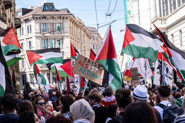 May 16, 2026, Milan, Lombardy, Italy: People take part in a national rally in support of Palestine on May 16, 2026, in Milan. The rally, organized in the run-up to the general strike on May 29, drew participants from all over Italy, and the organizers drew up 17 demands, including an end to the genocide, the termination of all economic agreements with Israel, and a halt to arms sales to Israel. Milan Italy - ZUMAs377 20260516_znp_s377_025 Copyright: xPietroxStariccox
