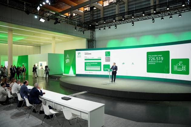 Elections Andalusia 2026 The Minister of Health, Presidency and Emergencies of the Junta de Andalucía, Antonio Sanz appears at the Data Dissemination Center of the 17M elections in the Pabellón de la Navegación A May 17, 2026 in Seville, Andalusia Spain This Sunday, May 17, more than 6,8 million Andalusians are called to the polls to elect the 109 deputies who will make up the Parliament of Andalusia during the XIII Legislature The number of voters represents an increase of 2.5 with respect to the census of the last regional elections held in June 2022 17 MAY 2026 Joaquí Seville, Andalusia Seville, Andalusia Espana  Copyright: xJoaquinxCorcherox 7528774