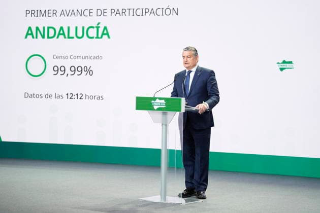 Elections Andalusia 2026 The Minister of Health, Presidency and Emergencies of the Junta de Andalucía, Antonio Sanz appears to report at the Data Dissemination Center of the 17M elections in the Navigation Pavilion A 17 May 2026 in Seville, Andalusia Spain This Sunday, May 17, more than 6,8 million Andalusians are called to the polls to elect the 109 deputies who will make up the Parliament of Andalusia during the XIII Legislature The number of voters represents an increase of 2.5 with respect to the census of the last autonomic elections held in June 2022 17 MAY 2026 Joaquí Seville, Andalusia Seville, Andalusia Spain  Copyright: xJoaquinxCorcherox 7529100