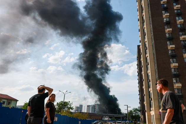 RUSSIA, MOSCOW - MAY 17, 2026: Smoke billows from a fire near Cherkizovskaya station of the Moscow Metro. Vladimir Smirnov TASS  92626663