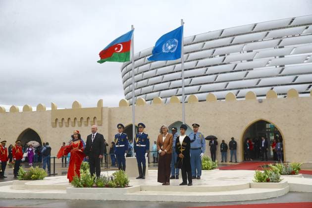 13th World Urban Forum in Baku BAKU, AZERBAIJAN - MAY 17: UN-Habitat Executive Director Anaclaudia Rossbach (front 2nd R) and Azerbaijan State Committee on Urban Planning and Architecture Chairman Anar Guliyev (front 2nd L) attend a flag-raising ceremony as the 13th World Urban Forum begins in Baku, Azerbaijan, on May 17, 2026. The forum, organized by the United Nations Human Settlements Programme, opened with the raising of the United Nations and Azerbaijan flags. Resul Rehimov Anadolu Baku Azerbaijan. Editorial use only. Please get in touch for any other usage.  Copyright: x2026xAnadoluxResulxRehimovx